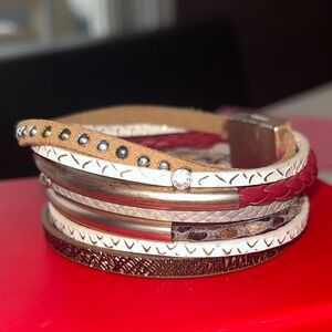 Multi-Layered Bracelet with Gold, Silver and Red Accents, leather, studs, 7.5”